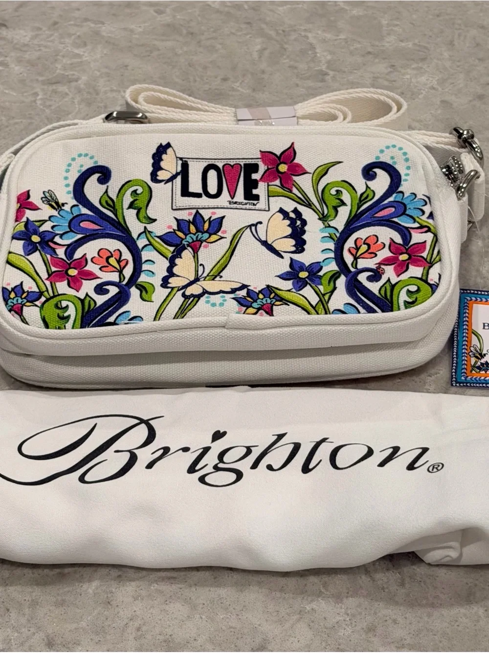 NWT Brighton Butterfly Garden Canvas Crossbody Bag Purse - LOVE Print